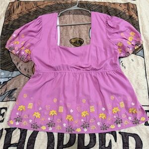 Disney Tangled Pink Embroidered Peasant Blouse